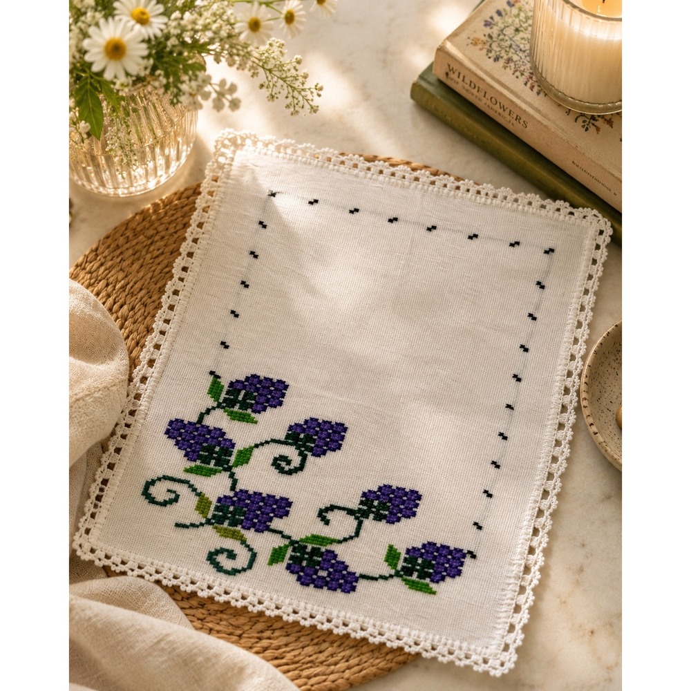 Handmade Mexican Embroidered Grape Vine Linen Crochet Lace Trim Folk Art 15x18.5